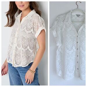 NEW Frye and Co Womens Crochet Roll Sleeve Button Up Blouse in Marshmallow White